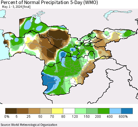 Central Asia Percent of Normal Precipitation 5-Day (WMO) Thematic Map For 5/1/2024 - 5/5/2024