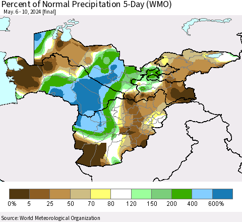 Central Asia Percent of Normal Precipitation 5-Day (WMO) Thematic Map For 5/6/2024 - 5/10/2024