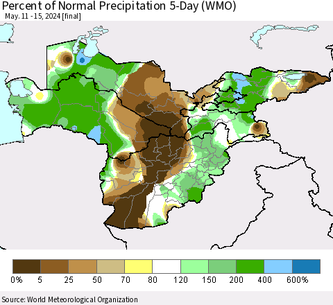Central Asia Percent of Normal Precipitation 5-Day (WMO) Thematic Map For 5/11/2024 - 5/15/2024
