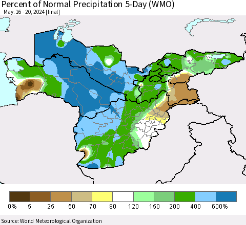 Central Asia Percent of Normal Precipitation 5-Day (WMO) Thematic Map For 5/16/2024 - 5/20/2024