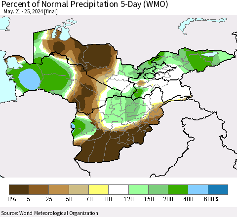 Central Asia Percent of Normal Precipitation 5-Day (WMO) Thematic Map For 5/21/2024 - 5/25/2024
