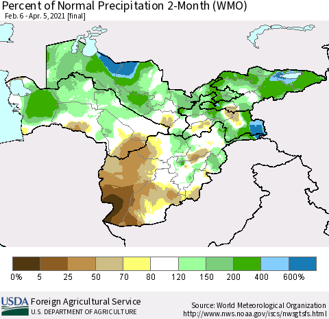Central Asia Percent of Normal Precipitation 2-Month (WMO) Thematic Map For 2/6/2021 - 4/5/2021