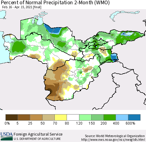 Central Asia Percent of Normal Precipitation 2-Month (WMO) Thematic Map For 2/16/2021 - 4/15/2021