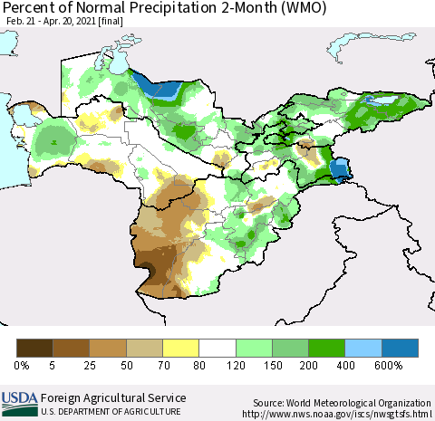 Central Asia Percent of Normal Precipitation 2-Month (WMO) Thematic Map For 2/21/2021 - 4/20/2021