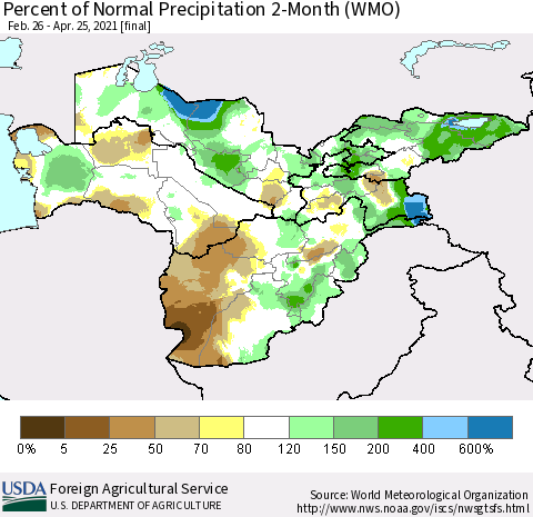 Central Asia Percent of Normal Precipitation 2-Month (WMO) Thematic Map For 2/26/2021 - 4/25/2021