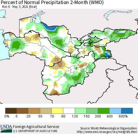 Central Asia Percent of Normal Precipitation 2-Month (WMO) Thematic Map For 3/6/2021 - 5/5/2021