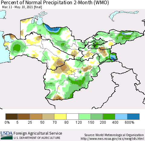 Central Asia Percent of Normal Precipitation 2-Month (WMO) Thematic Map For 3/11/2021 - 5/10/2021