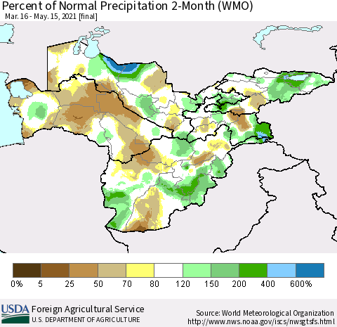 Central Asia Percent of Normal Precipitation 2-Month (WMO) Thematic Map For 3/16/2021 - 5/15/2021