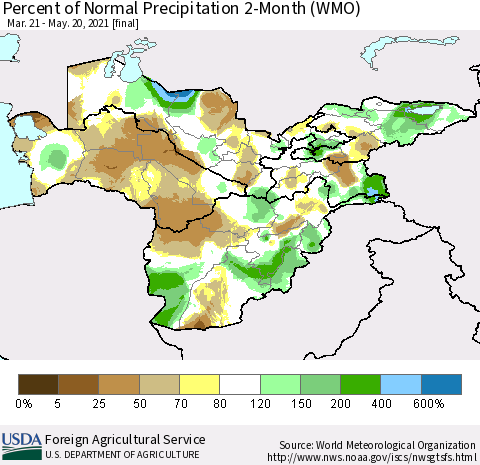 Central Asia Percent of Normal Precipitation 2-Month (WMO) Thematic Map For 3/21/2021 - 5/20/2021