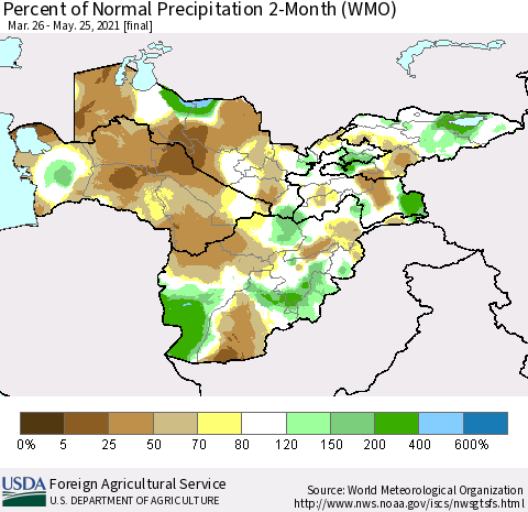 Central Asia Percent of Normal Precipitation 2-Month (WMO) Thematic Map For 3/26/2021 - 5/25/2021