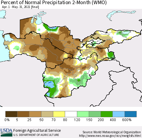 Central Asia Percent of Normal Precipitation 2-Month (WMO) Thematic Map For 4/1/2021 - 5/31/2021