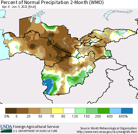 Central Asia Percent of Normal Precipitation 2-Month (WMO) Thematic Map For 4/6/2021 - 6/5/2021
