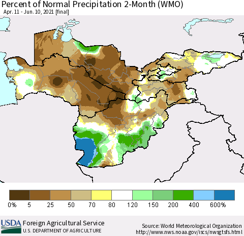 Central Asia Percent of Normal Precipitation 2-Month (WMO) Thematic Map For 4/11/2021 - 6/10/2021