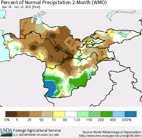 Central Asia Percent of Normal Precipitation 2-Month (WMO) Thematic Map For 4/16/2021 - 6/15/2021