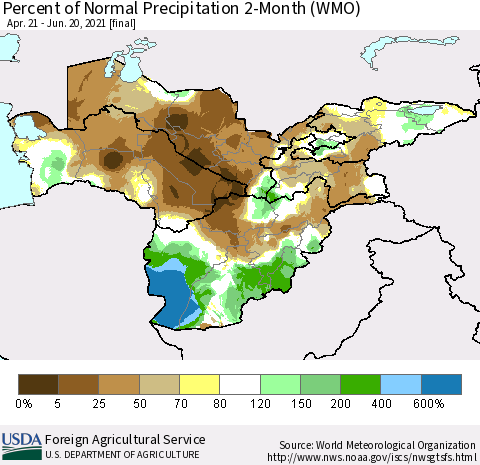 Central Asia Percent of Normal Precipitation 2-Month (WMO) Thematic Map For 4/21/2021 - 6/20/2021