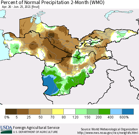 Central Asia Percent of Normal Precipitation 2-Month (WMO) Thematic Map For 4/26/2021 - 6/25/2021