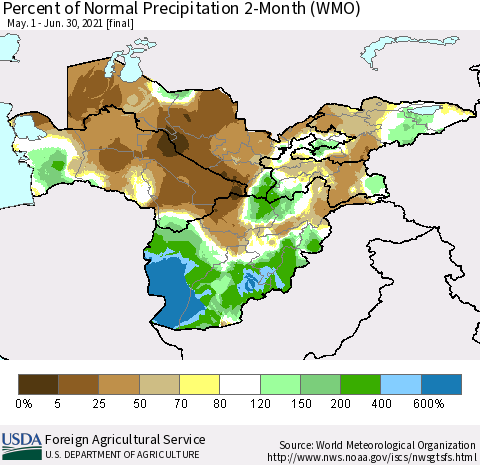 Central Asia Percent of Normal Precipitation 2-Month (WMO) Thematic Map For 5/1/2021 - 6/30/2021