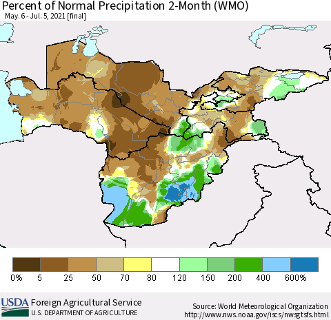 Central Asia Percent of Normal Precipitation 2-Month (WMO) Thematic Map For 5/6/2021 - 7/5/2021