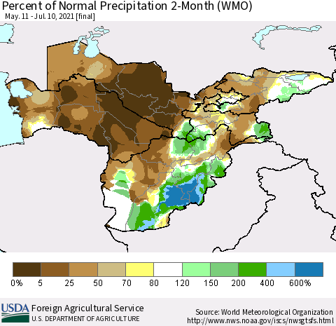 Central Asia Percent of Normal Precipitation 2-Month (WMO) Thematic Map For 5/11/2021 - 7/10/2021