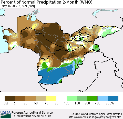 Central Asia Percent of Normal Precipitation 2-Month (WMO) Thematic Map For 5/16/2021 - 7/15/2021