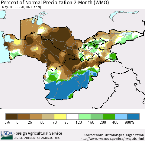 Central Asia Percent of Normal Precipitation 2-Month (WMO) Thematic Map For 5/21/2021 - 7/20/2021