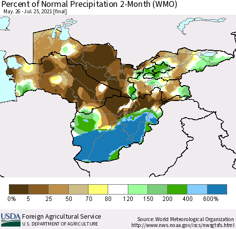 Central Asia Percent of Normal Precipitation 2-Month (WMO) Thematic Map For 5/26/2021 - 7/25/2021