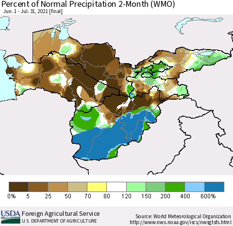 Central Asia Percent of Normal Precipitation 2-Month (WMO) Thematic Map For 6/1/2021 - 7/31/2021