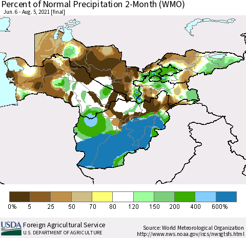 Central Asia Percent of Normal Precipitation 2-Month (WMO) Thematic Map For 6/6/2021 - 8/5/2021