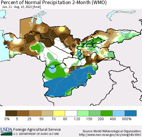 Central Asia Percent of Normal Precipitation 2-Month (WMO) Thematic Map For 6/11/2021 - 8/10/2021