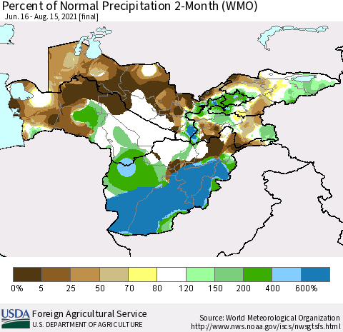 Central Asia Percent of Normal Precipitation 2-Month (WMO) Thematic Map For 6/16/2021 - 8/15/2021