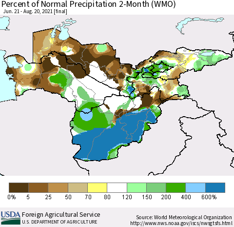 Central Asia Percent of Normal Precipitation 2-Month (WMO) Thematic Map For 6/21/2021 - 8/20/2021
