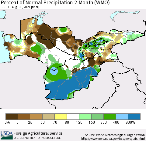 Central Asia Percent of Normal Precipitation 2-Month (WMO) Thematic Map For 7/1/2021 - 8/31/2021