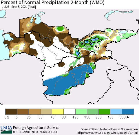Central Asia Percent of Normal Precipitation 2-Month (WMO) Thematic Map For 7/6/2021 - 9/5/2021