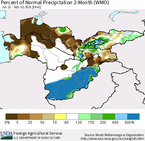 Central Asia Percent of Normal Precipitation 2-Month (WMO) Thematic Map For 7/11/2021 - 9/10/2021