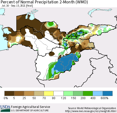 Central Asia Percent of Normal Precipitation 2-Month (WMO) Thematic Map For 7/16/2021 - 9/15/2021