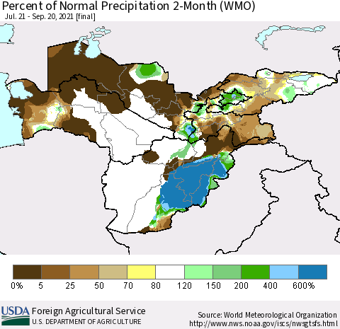 Central Asia Percent of Normal Precipitation 2-Month (WMO) Thematic Map For 7/21/2021 - 9/20/2021