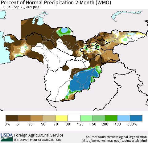 Central Asia Percent of Normal Precipitation 2-Month (WMO) Thematic Map For 7/26/2021 - 9/25/2021
