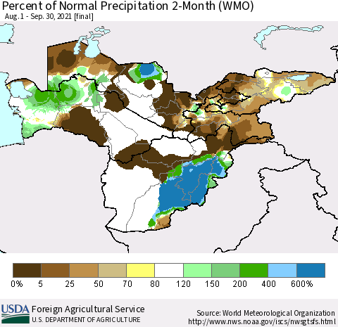 Central Asia Percent of Normal Precipitation 2-Month (WMO) Thematic Map For 8/1/2021 - 9/30/2021