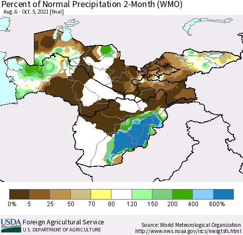 Central Asia Percent of Normal Precipitation 2-Month (WMO) Thematic Map For 8/6/2021 - 10/5/2021