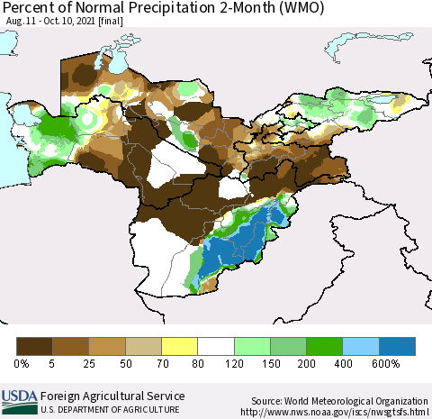 Central Asia Percent of Normal Precipitation 2-Month (WMO) Thematic Map For 8/11/2021 - 10/10/2021