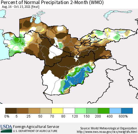 Central Asia Percent of Normal Precipitation 2-Month (WMO) Thematic Map For 8/16/2021 - 10/15/2021