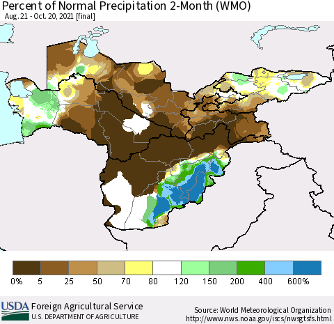 Central Asia Percent of Normal Precipitation 2-Month (WMO) Thematic Map For 8/21/2021 - 10/20/2021