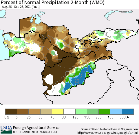 Central Asia Percent of Normal Precipitation 2-Month (WMO) Thematic Map For 8/26/2021 - 10/25/2021