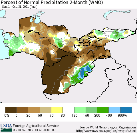 Central Asia Percent of Normal Precipitation 2-Month (WMO) Thematic Map For 9/1/2021 - 10/31/2021