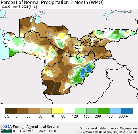 Central Asia Percent of Normal Precipitation 2-Month (WMO) Thematic Map For 9/6/2021 - 11/5/2021