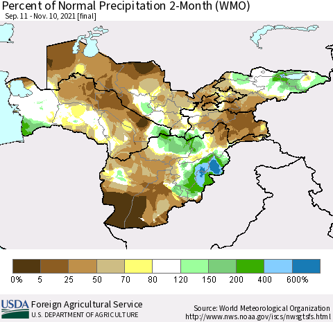 Central Asia Percent of Normal Precipitation 2-Month (WMO) Thematic Map For 9/11/2021 - 11/10/2021