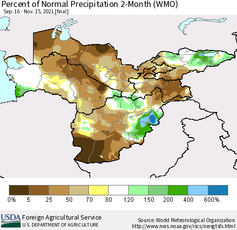 Central Asia Percent of Normal Precipitation 2-Month (WMO) Thematic Map For 9/16/2021 - 11/15/2021