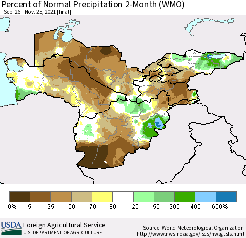 Central Asia Percent of Normal Precipitation 2-Month (WMO) Thematic Map For 9/26/2021 - 11/25/2021