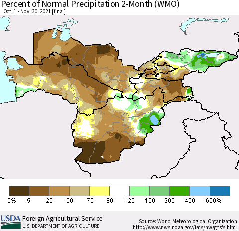 Central Asia Percent of Normal Precipitation 2-Month (WMO) Thematic Map For 10/1/2021 - 11/30/2021