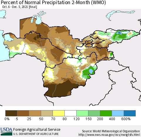 Central Asia Percent of Normal Precipitation 2-Month (WMO) Thematic Map For 10/6/2021 - 12/5/2021